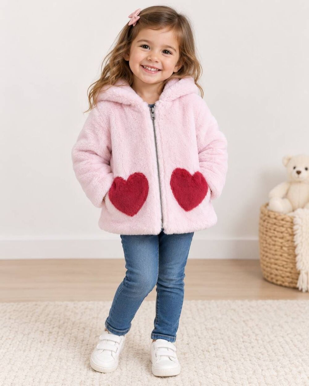 Old Navy Girls 3T Pink Faux Fur Hooded Jacket Red Heart Pockets Zip Coat
